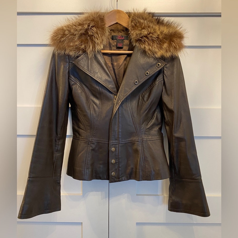 Brown leather jacket with real fur collar